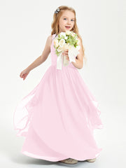 Boho Sleeveless Chiffon Junior Bridesmaid Dresses V-neck Candy Pink