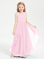 Boho Sleeveless Chiffon Junior Bridesmaid Dresses V-neck Candy Pink