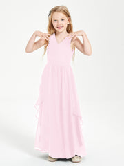 Boho Sleeveless Chiffon Junior Bridesmaid Dresses V-neck Candy Pink