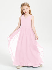 Boho Sleeveless Chiffon Junior Bridesmaid Dresses V-neck Candy Pink