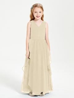 Boho Sleeveless Chiffon Junior Bridesmaid Dresses V-neck Champagne