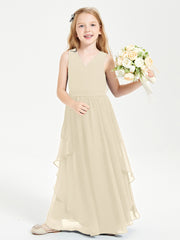 Boho Sleeveless Chiffon Junior Bridesmaid Dresses V-neck Champagne