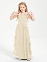 Boho Sleeveless Chiffon Junior Bridesmaid Dresses V-neck Champagne