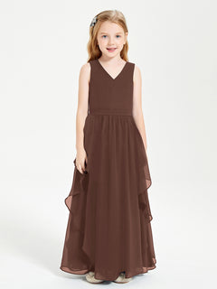 Boho Sleeveless Chiffon Junior Bridesmaid Dresses V-neck Chocolate