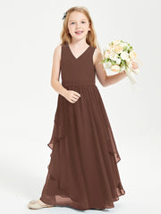 Boho Sleeveless Chiffon Junior Bridesmaid Dresses V-neck Chocolate