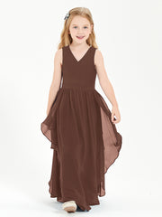 Boho Sleeveless Chiffon Junior Bridesmaid Dresses V-neck Chocolate