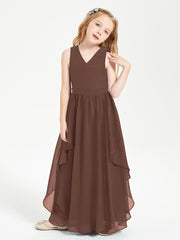 Boho Sleeveless Chiffon Junior Bridesmaid Dresses V-neck Chocolate