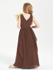Boho Sleeveless Chiffon Junior Bridesmaid Dresses V-neck Chocolate
