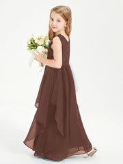 Boho Sleeveless Chiffon Junior Bridesmaid Dresses V-neck Chocolate