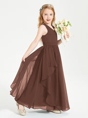 Boho Sleeveless Chiffon Junior Bridesmaid Dresses V-neck Chocolate