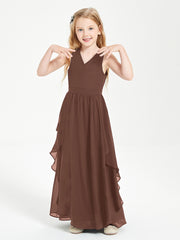 Boho Sleeveless Chiffon Junior Bridesmaid Dresses V-neck Chocolate