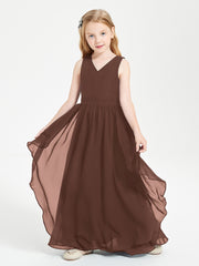 Boho Sleeveless Chiffon Junior Bridesmaid Dresses V-neck Chocolate