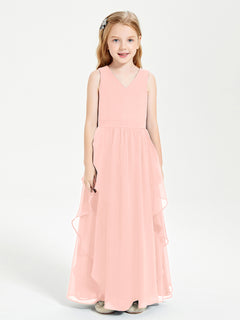 Boho Sleeveless Chiffon Junior Bridesmaid Dresses V-neck Coral