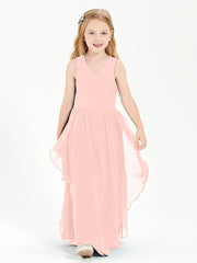 Boho Sleeveless Chiffon Junior Bridesmaid Dresses V-neck Coral