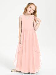 Boho Sleeveless Chiffon Junior Bridesmaid Dresses V-neck Coral