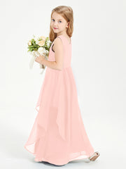 Boho Sleeveless Chiffon Junior Bridesmaid Dresses V-neck Coral