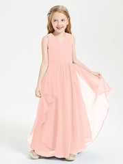 Boho Sleeveless Chiffon Junior Bridesmaid Dresses V-neck Coral