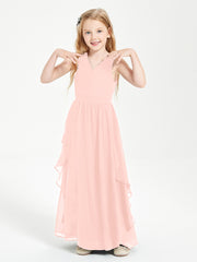 Boho Sleeveless Chiffon Junior Bridesmaid Dresses V-neck Coral