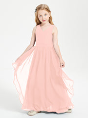 Boho Sleeveless Chiffon Junior Bridesmaid Dresses V-neck Coral