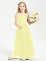 Boho Sleeveless Chiffon Junior Bridesmaid Dresses V-neck Daffodil