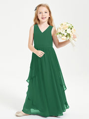 Boho Sleeveless Chiffon Junior Bridesmaid Dresses V-neck Dark Green