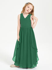 Boho Sleeveless Chiffon Junior Bridesmaid Dresses V-neck Dark Green
