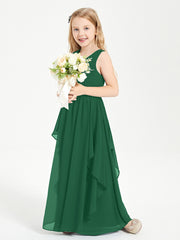 Boho Sleeveless Chiffon Junior Bridesmaid Dresses V-neck Dark Green