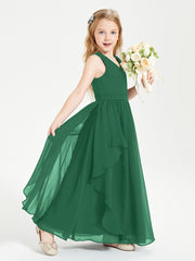 Boho Sleeveless Chiffon Junior Bridesmaid Dresses V-neck Dark Green