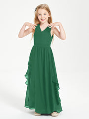 Boho Sleeveless Chiffon Junior Bridesmaid Dresses V-neck Dark Green