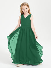 Boho Sleeveless Chiffon Junior Bridesmaid Dresses V-neck Dark Green
