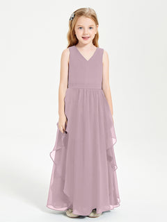 Boho Sleeveless Chiffon Junior Bridesmaid Dresses V-neck Dusk