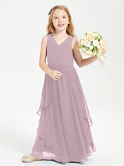 Boho Sleeveless Chiffon Junior Bridesmaid Dresses V-neck Dusk