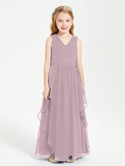 Boho Sleeveless Chiffon Junior Bridesmaid Dresses V-neck Dusk