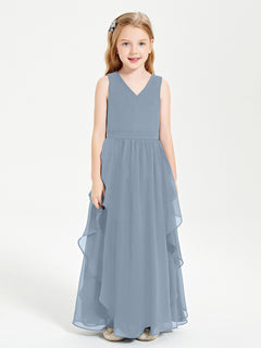 Boho Sleeveless Chiffon Junior Bridesmaid Dresses V-neck Dusty Blue