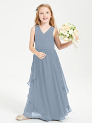 Boho Sleeveless Chiffon Junior Bridesmaid Dresses V-neck Dusty Blue