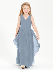 Boho Sleeveless Chiffon Junior Bridesmaid Dresses V-neck Dusty Blue