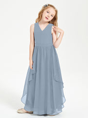 Boho Sleeveless Chiffon Junior Bridesmaid Dresses V-neck Dusty Blue