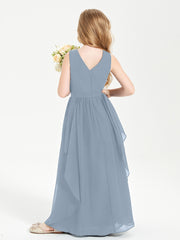 Boho Sleeveless Chiffon Junior Bridesmaid Dresses V-neck Dusty Blue