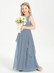 Boho Sleeveless Chiffon Junior Bridesmaid Dresses V-neck Dusty Blue