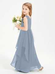 Boho Sleeveless Chiffon Junior Bridesmaid Dresses V-neck Dusty Blue
