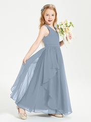 Boho Sleeveless Chiffon Junior Bridesmaid Dresses V-neck Dusty Blue