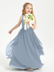 Boho Sleeveless Chiffon Junior Bridesmaid Dresses V-neck Dusty Blue