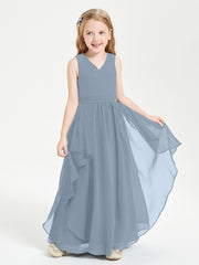 Boho Sleeveless Chiffon Junior Bridesmaid Dresses V-neck Dusty Blue