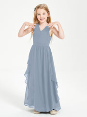 Boho Sleeveless Chiffon Junior Bridesmaid Dresses V-neck Dusty Blue