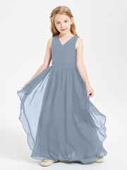 Boho Sleeveless Chiffon Junior Bridesmaid Dresses V-neck Dusty Blue