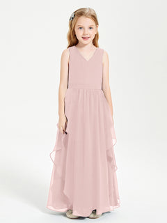 Boho Sleeveless Chiffon Junior Bridesmaid Dresses V-neck Dusty Rose