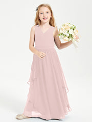Boho Sleeveless Chiffon Junior Bridesmaid Dresses V-neck Dusty Rose