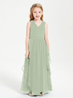 Boho Sleeveless Chiffon Junior Bridesmaid Dresses V-neck Dusty Sage