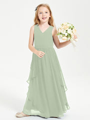 Boho Sleeveless Chiffon Junior Bridesmaid Dresses V-neck Dusty Sage