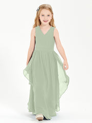 Boho Sleeveless Chiffon Junior Bridesmaid Dresses V-neck Dusty Sage